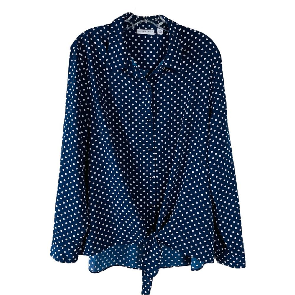 Susan graver blue white polka dot tie button front preppy office shirt 16